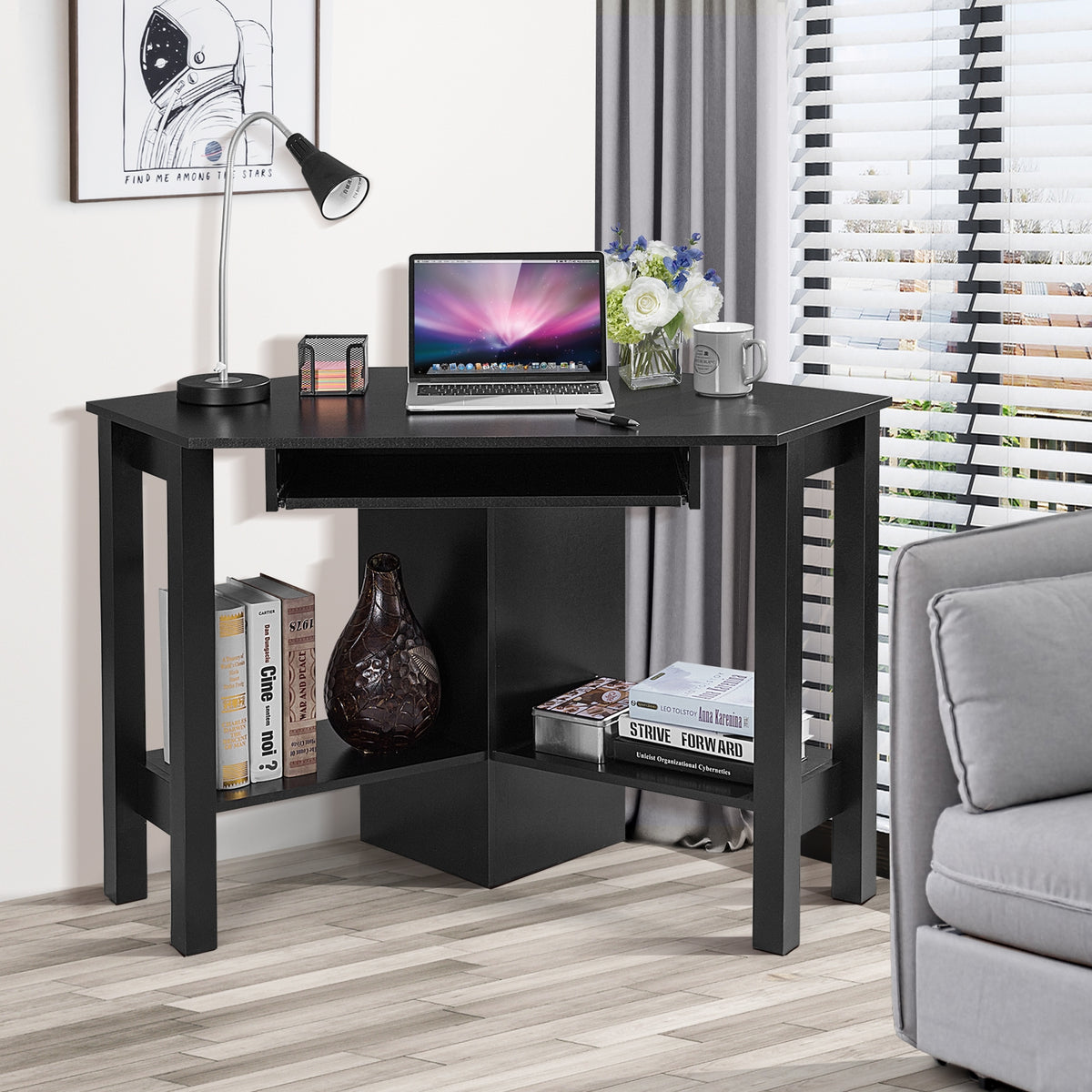 Wooden Study Computer Corner Desk with Keyboard Tray