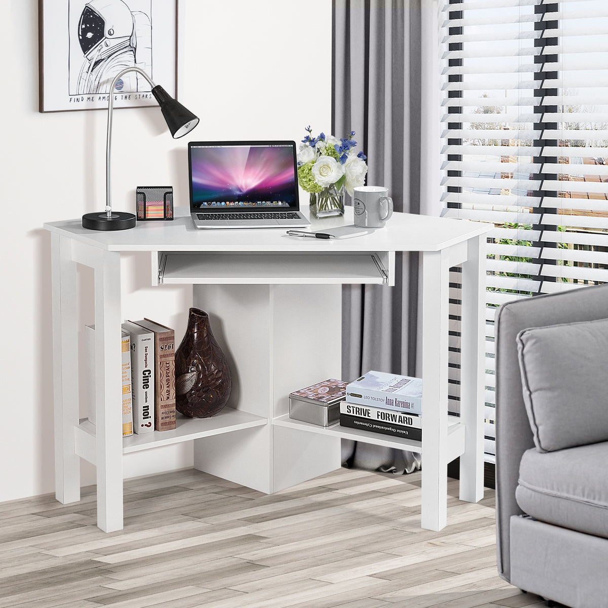 Wooden Study Computer Corner Desk with Keyboard Tray