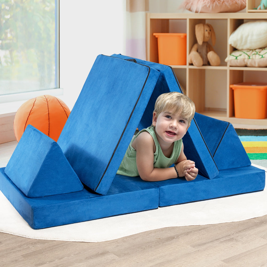 Girls Boys Modular Sofa Play Couch Set with 2 Folding Mats & 2 Triangular Pillows - Blue, 4 Pieces