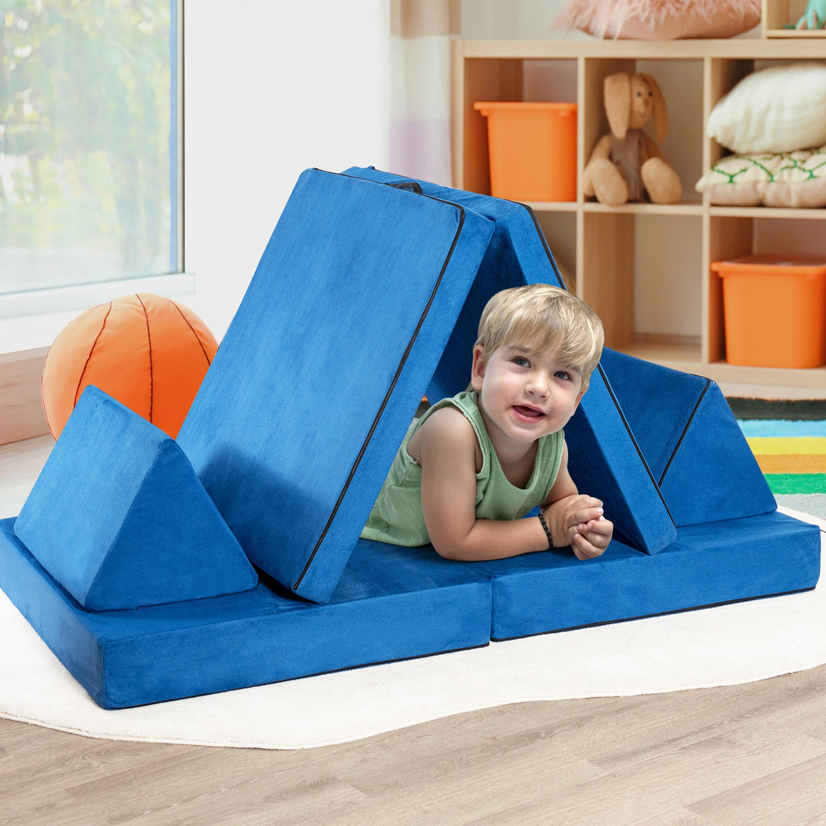 Girls Boys Modular Sofa Play Couch Set with 2 Folding Mats & 2 Triangular Pillows - Blue, 4 Pieces