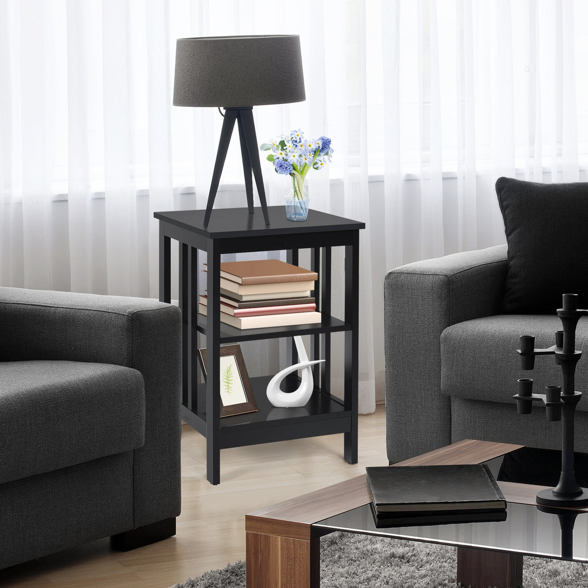 3-Tier Nightstand Sofa Side Table - Black