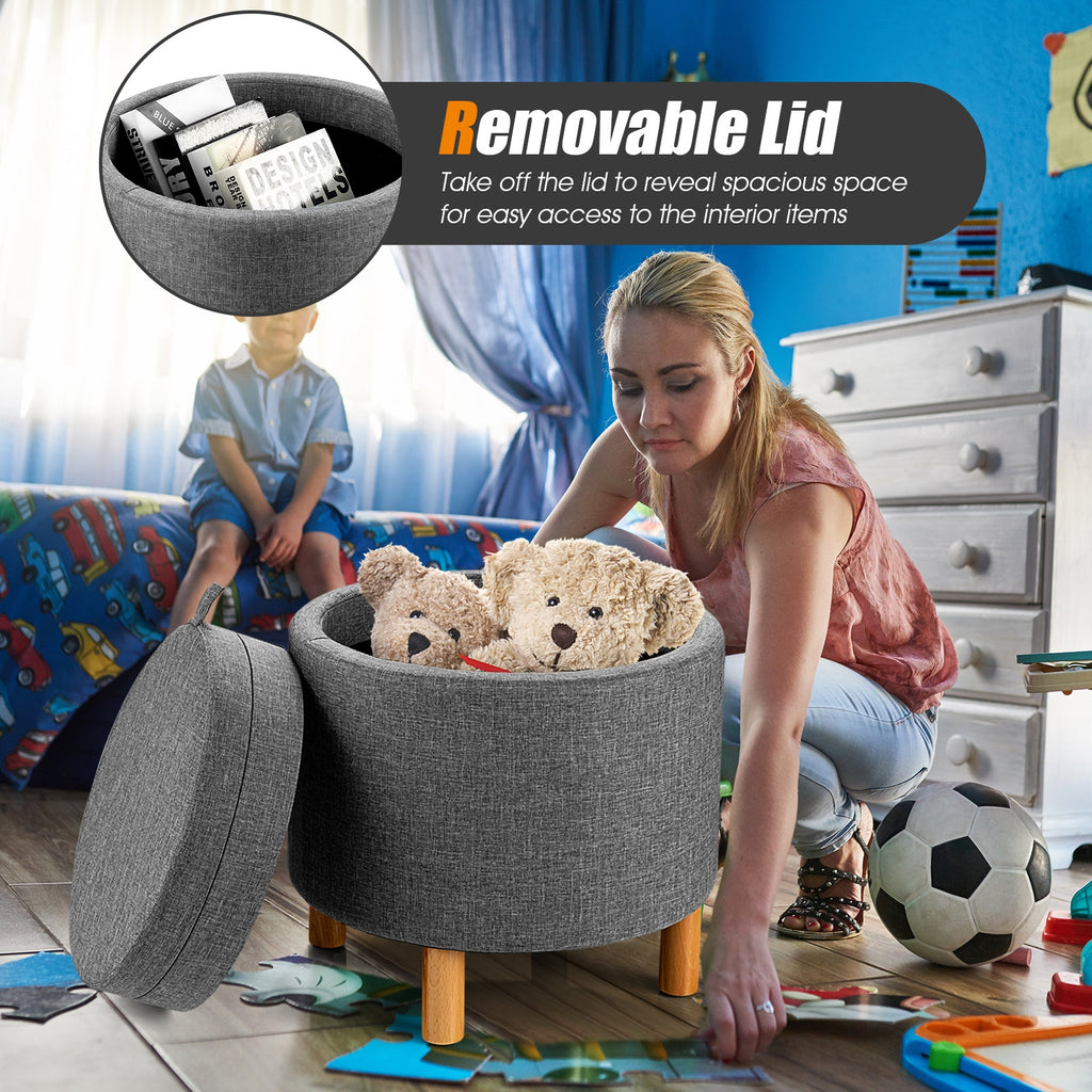 Round Fabric Storage Ottoman with Tray, Gray