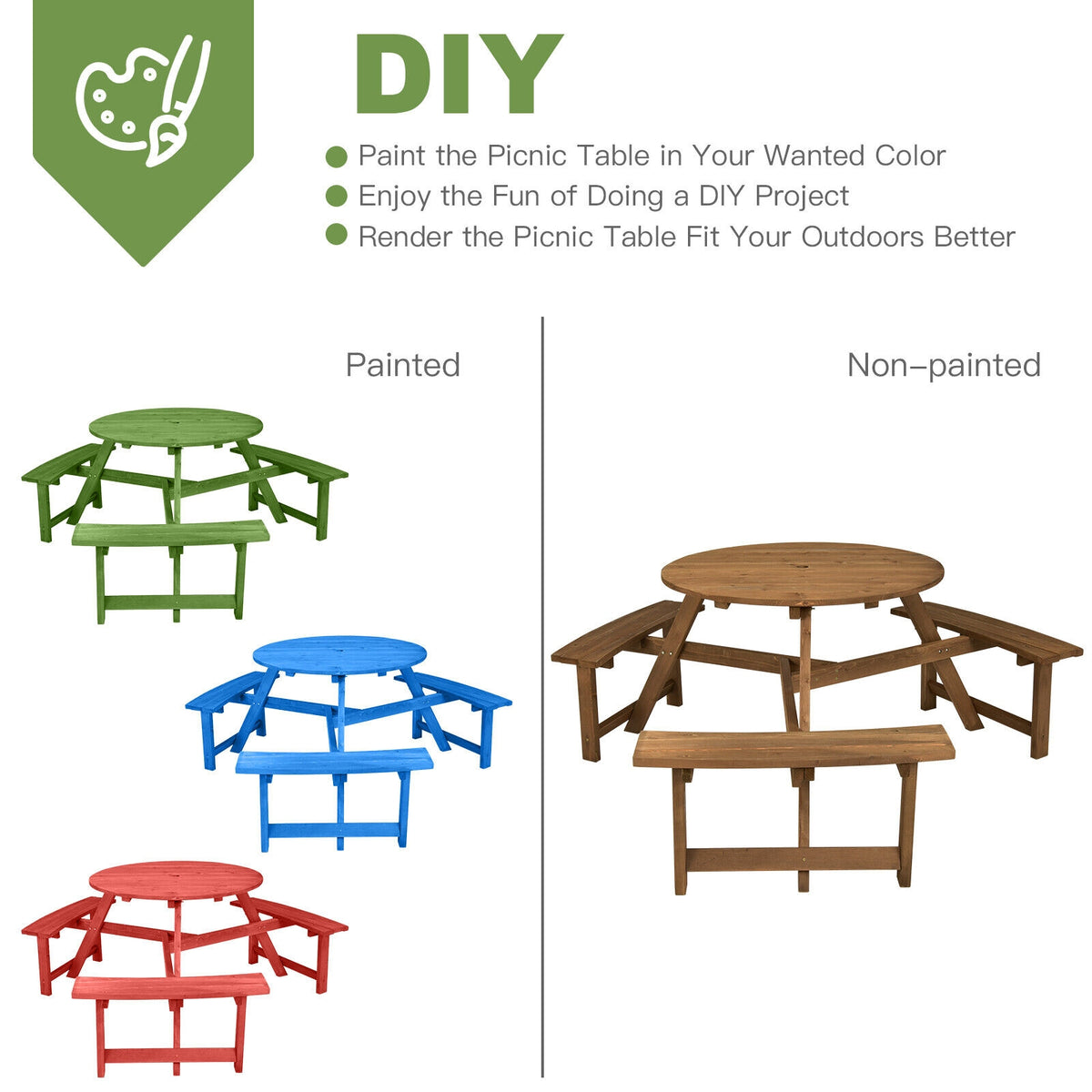 6-person Round Wooden Picnic Table with Umbrella Hole and 3 Built-in