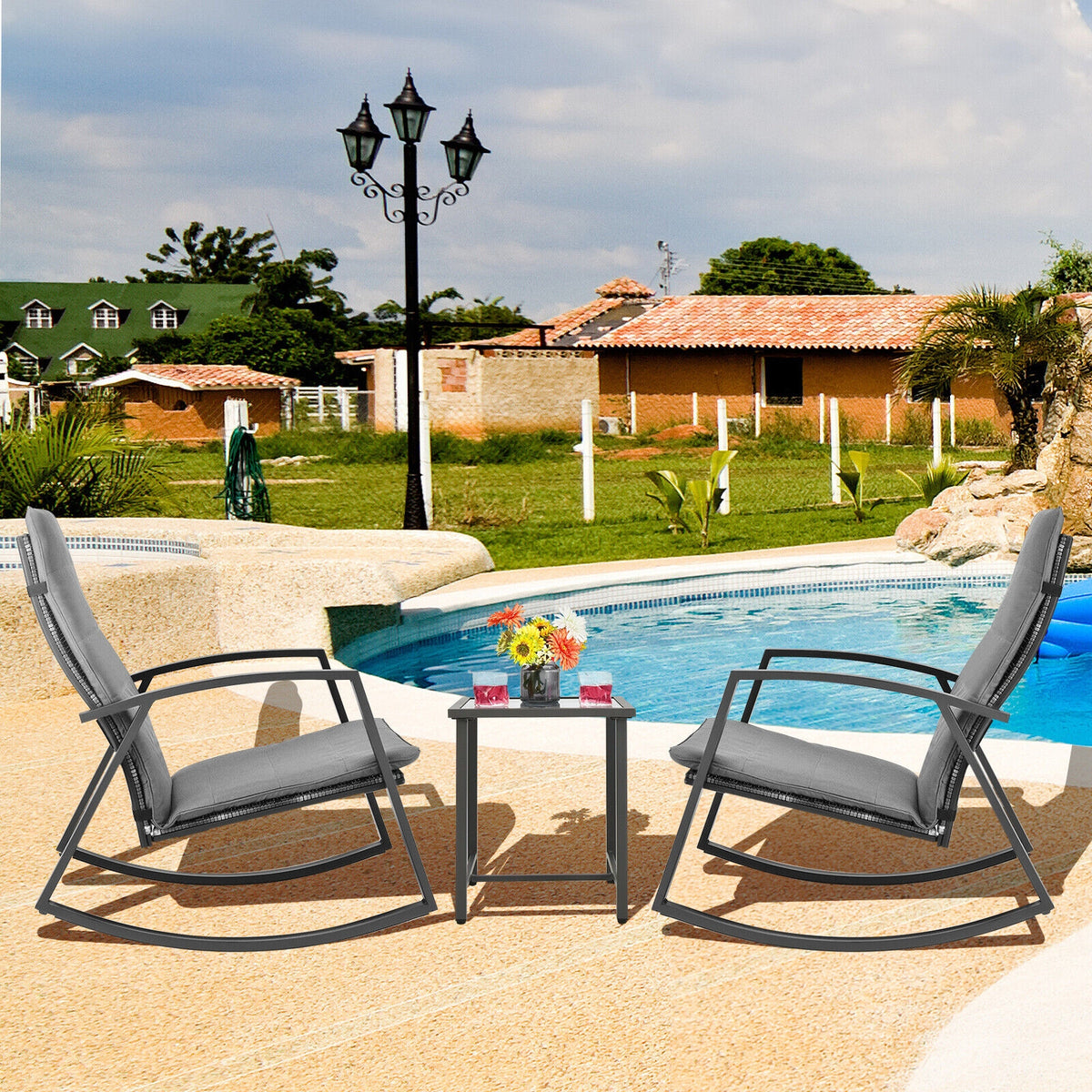 3-Piece Patio Rocking Chair Set with Table - Gray