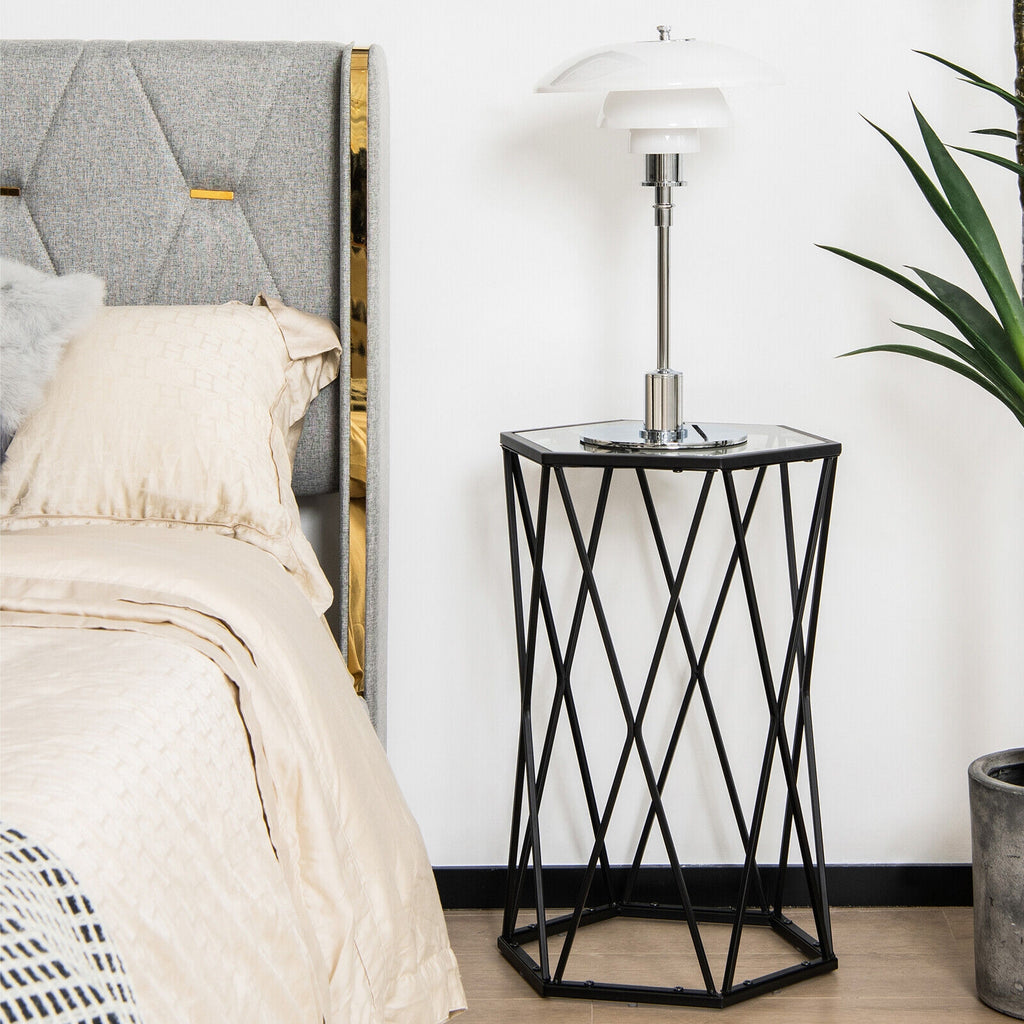 Hexagonal Tempered Glass End Table with Metal Frame