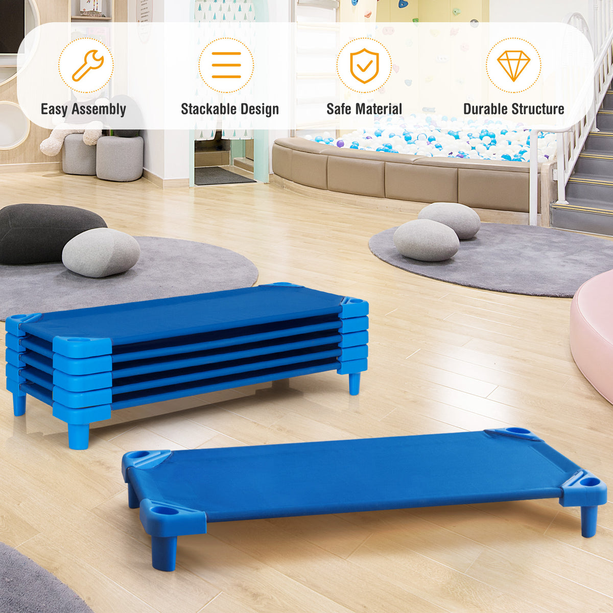 Kids Stackable Daycare Cot Set of 6 - 51 Inches, Blue, Detachable Oxford Cloth