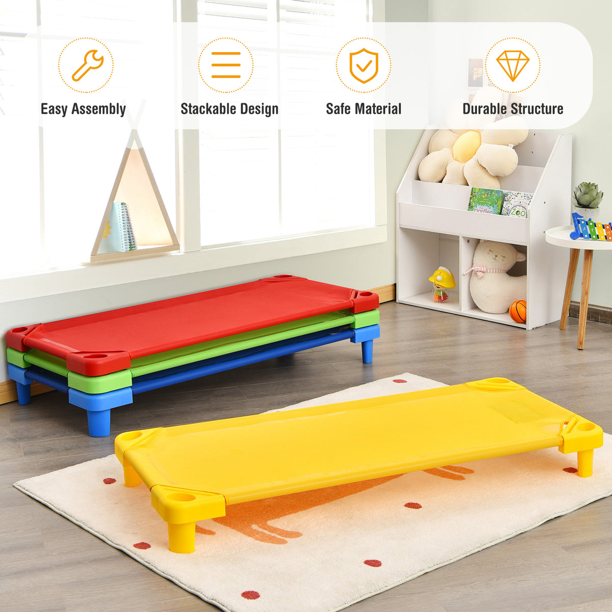Kids Stackable Naptime Cot Set of 4 - 51 Inches, Colorful, Space-Saving Bed Frames