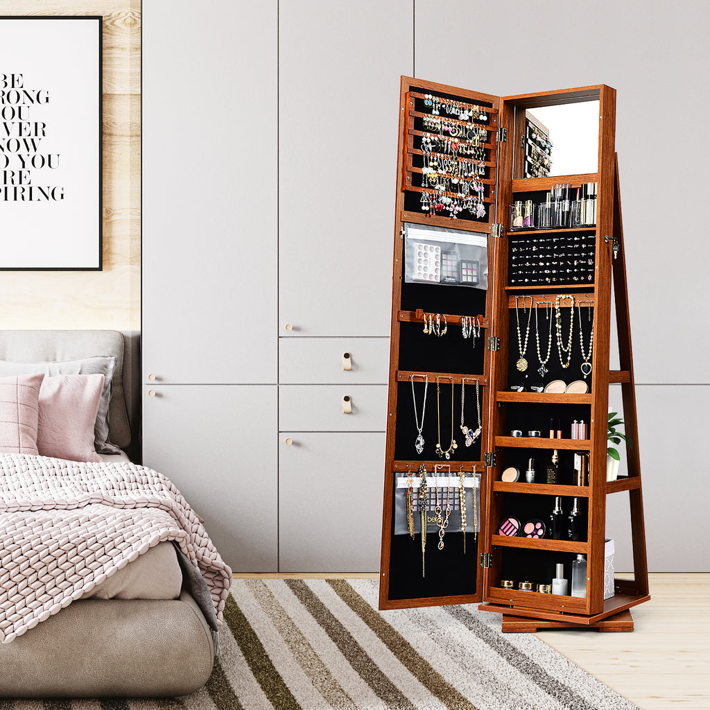 360° Rotating Jewelry Cabinet with Mirror - 3 Shelves, Brown