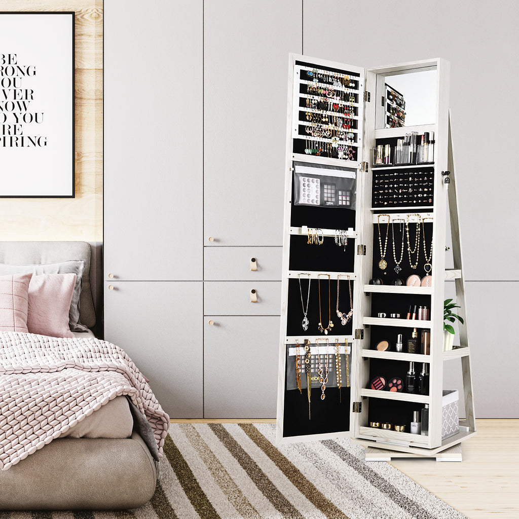 360° Rotating Jewelry Cabinet with Full-Length Mirror, White - 3 Shelves