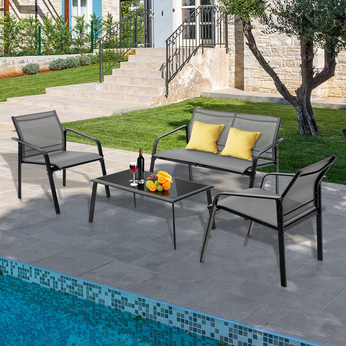 4-Piece Patio Furniture Set with Loveseat Sofas and Glass Table - Gray