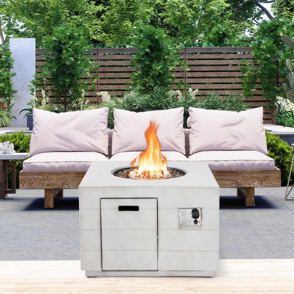 34 Inch Square Concrete Propane Fire Pit Table with Lava Rocks and