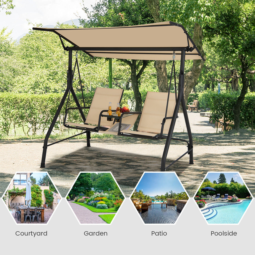 2-Seat Outdoor Cushioned Porch Swing with Adjustable Canopy and