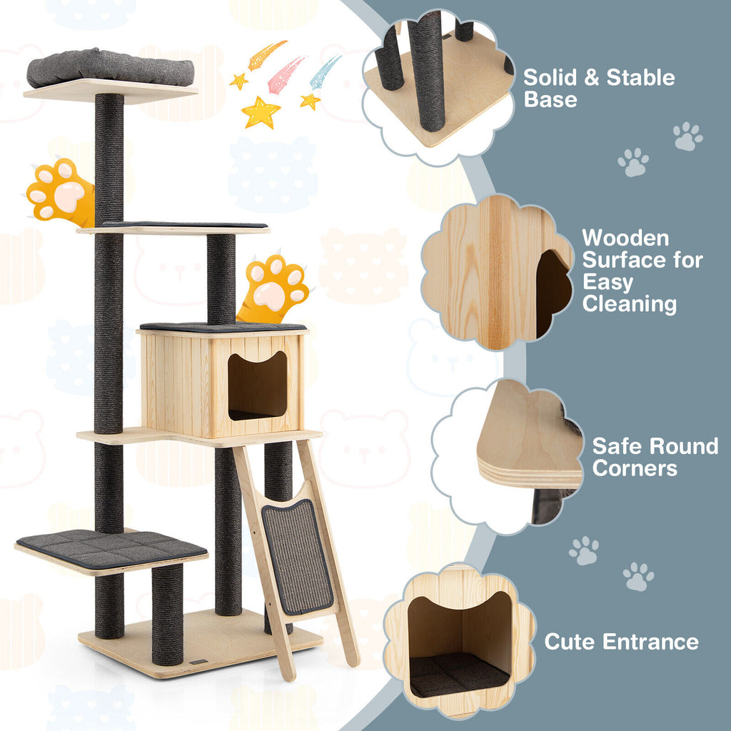 5-Tier Modern Wooden Cat Tower with Washable Cushions - Gray, 5-Layer