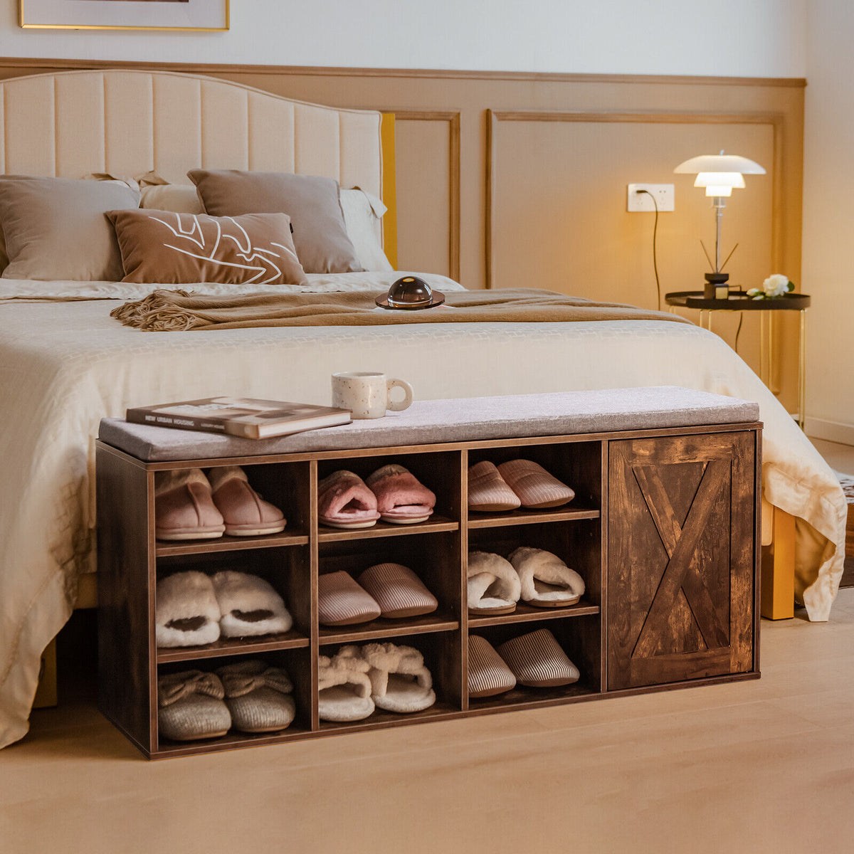 9-Cube Shoe Bench with Padded Cushion – Rustic Brown