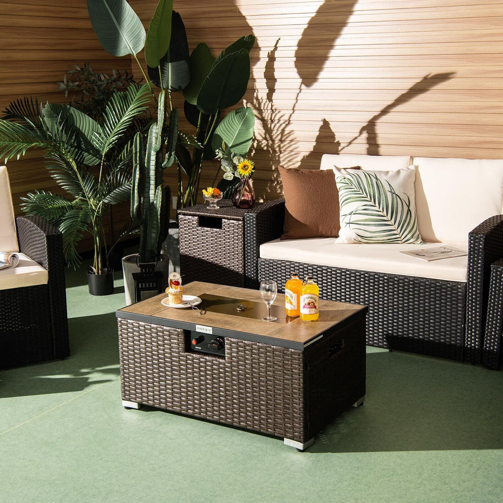 32 x 20 Propane Rattan Fire Pit Table with Side Table - Brown