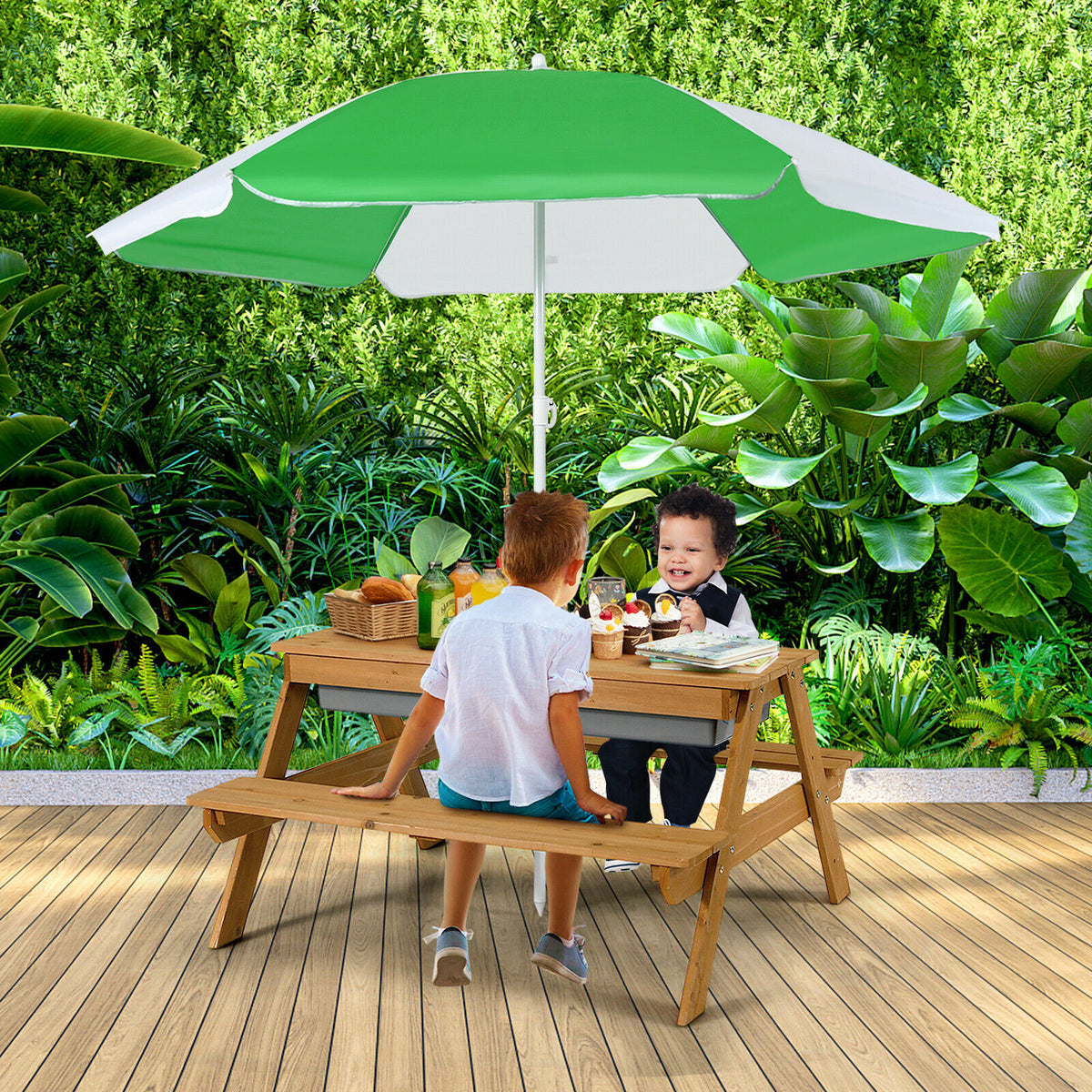 Kids 3-in-1 Outdoor Water & Sand Play Table with Removable Umbrella and Storage Boxes - Coffee