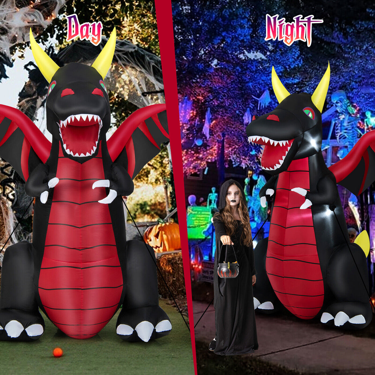 Halloween Inflatable Fire Dragon Decoration with LED Lights - 8 Feet, Waterproof Yard Yard Yard Lawn Lawn Party