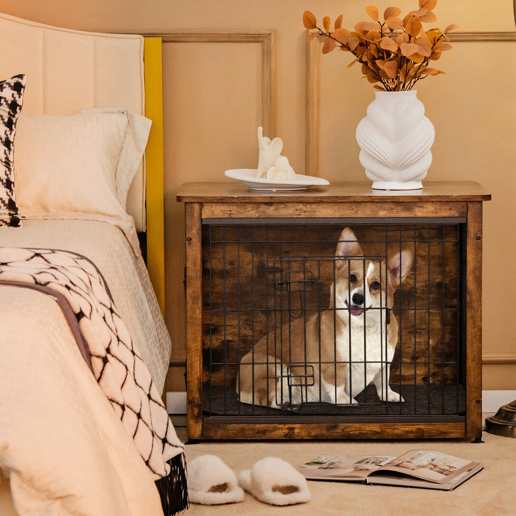 Wooden Dog Crate Furniture with Double Door & Tray - Brown