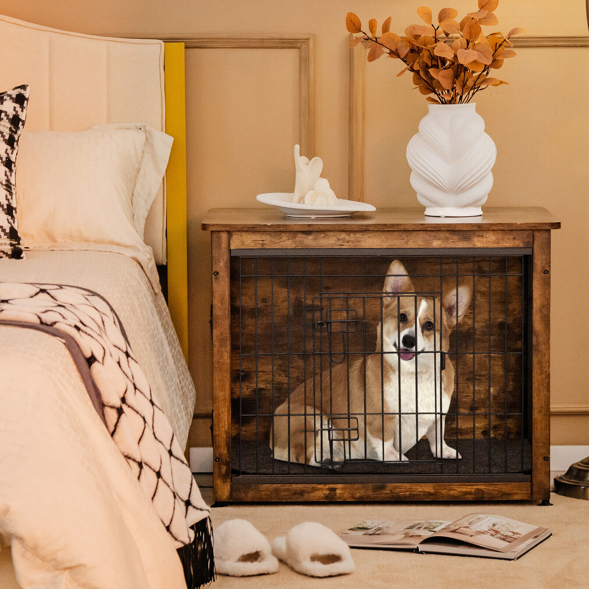 Wooden Dog Crate Furniture with Double Door & Tray - Brown