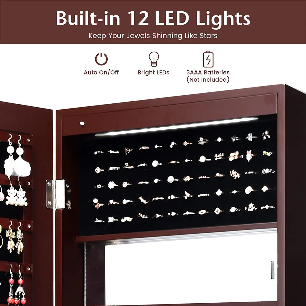 Lockable Wall-Mounted Jewelry Cabinet with LED Lights - Brown