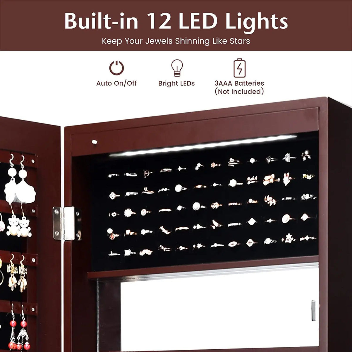 Lockable Wall-Mounted Jewelry Cabinet with LED Lights - Brown