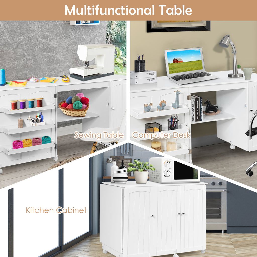 Folding Sewing Table with Storage Shelves and Lockable Casters - White