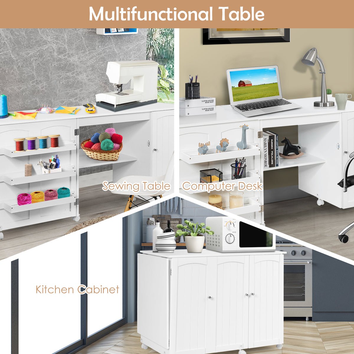 Folding Sewing Table with Storage Shelves and Lockable Casters - White