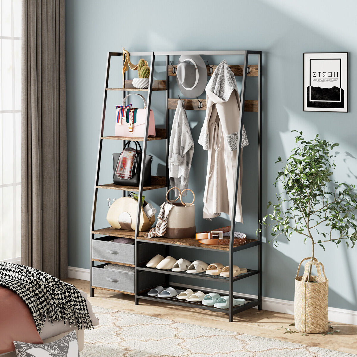 Hall Tree Coat Rack with Bench & Storage - Rustic Brown