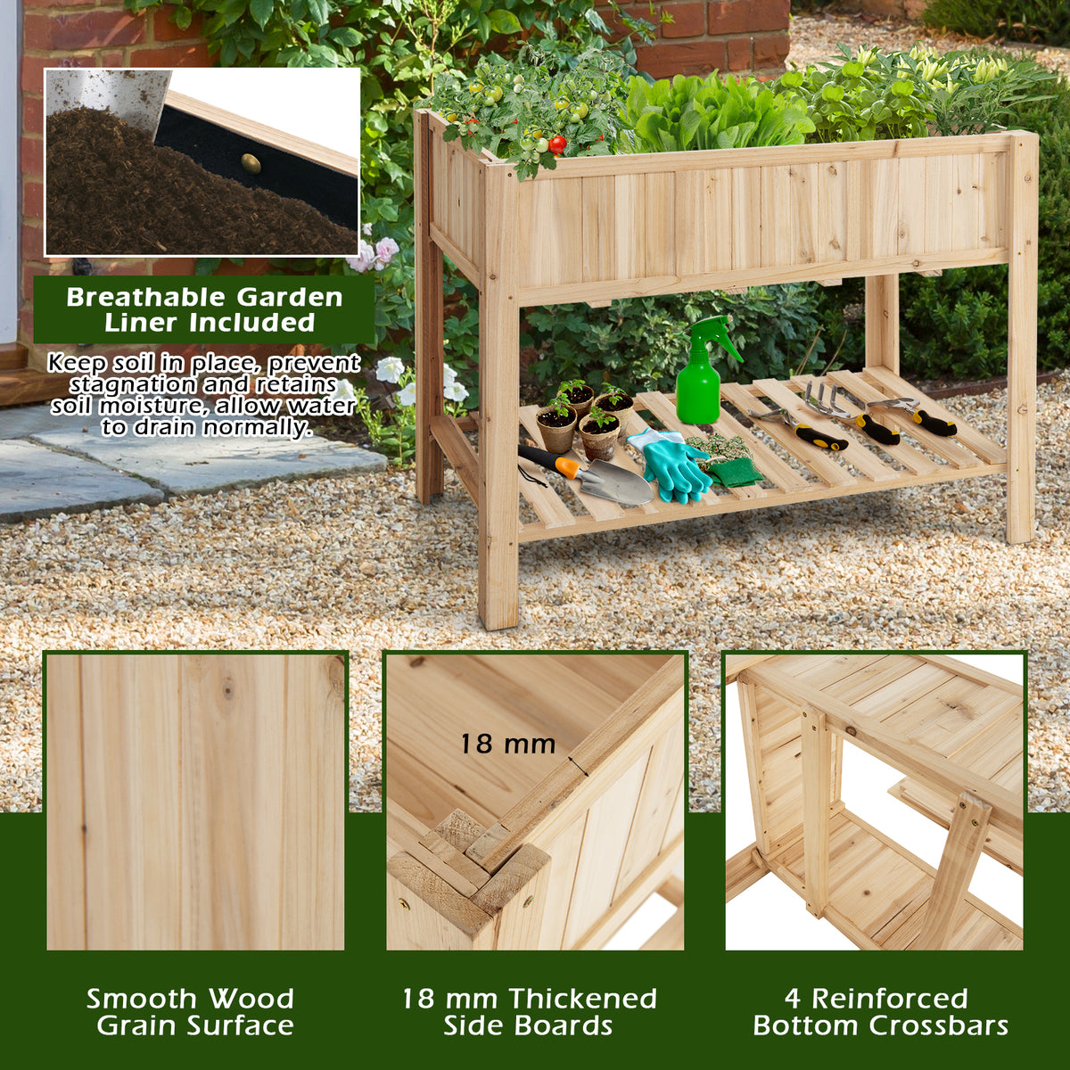 47 Inch Wooden Raised Garden Bed with Bottom Shelf and Liner