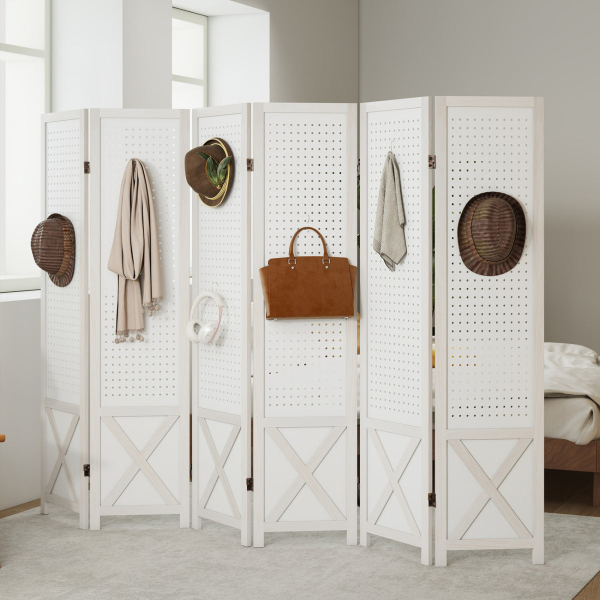 4/6-Panel Pegboard Room Divider - 67 Inches Tall Foldable Privacy Screen - Natural Wood