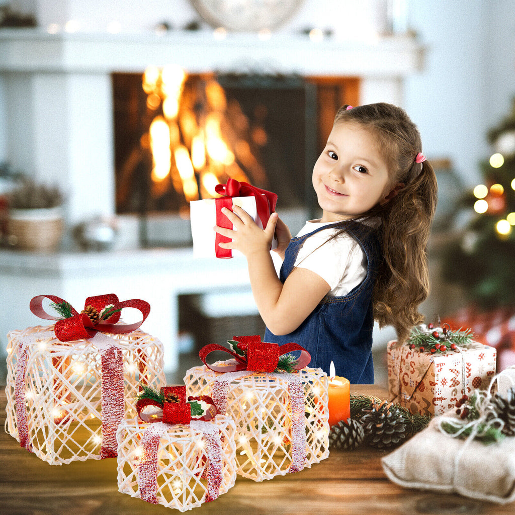 Set of 3 Lighted Christmas Gift Boxes Decorations with Red Bows - Indoor Outdoor Holiday Decor