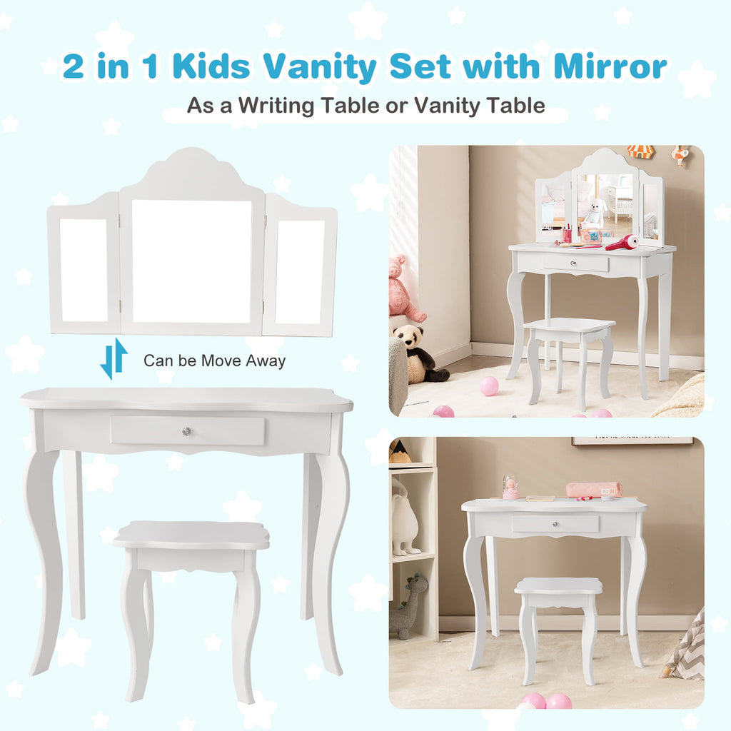 Kids Dressing Vanity Set with Detachable Mirror and Stool - White, No Lights