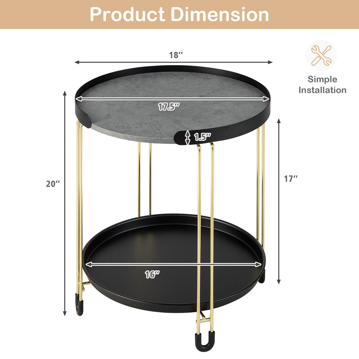 2-Tier Round Side Table with Removable Tray - Golden