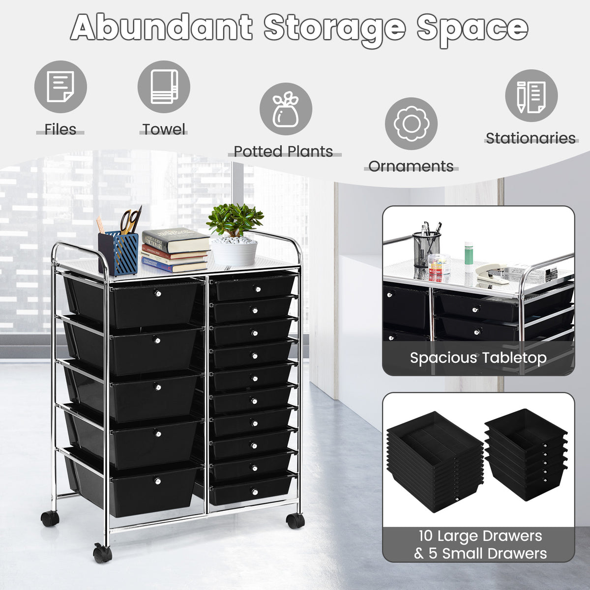 15-Drawer Utility Rolling Cart, Black