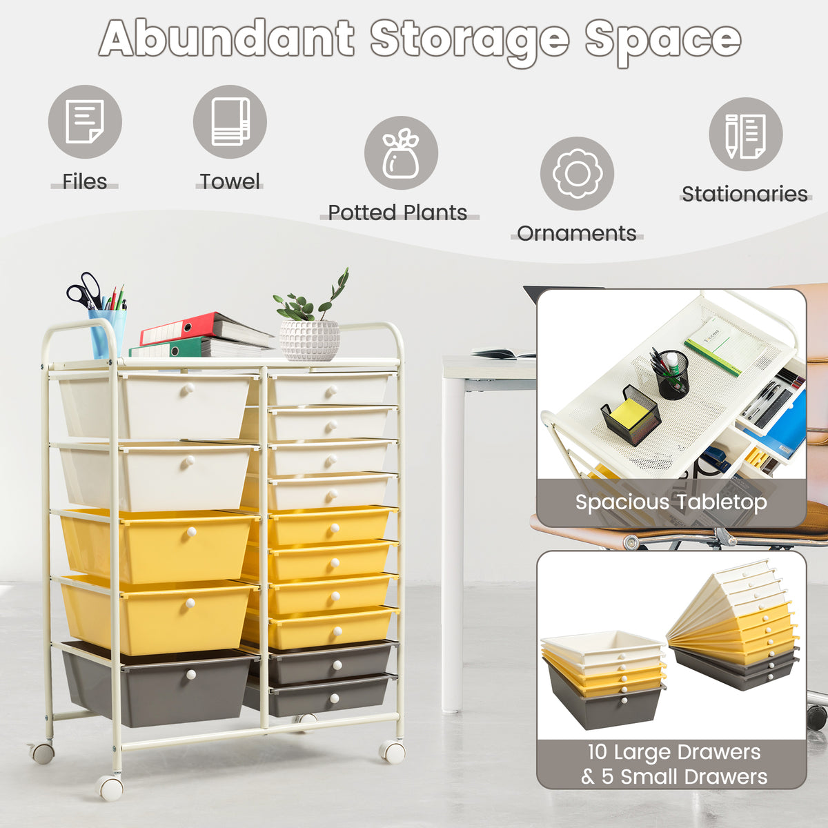 15-Drawer Rolling Utility Cart with Wheels - Yellow