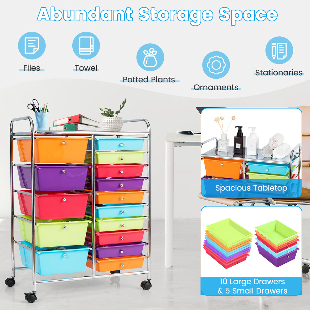 15-Drawer Utility Rolling Cart, Multicolor