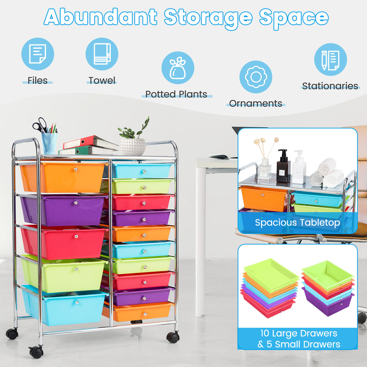 15-Drawer Utility Rolling Cart, Multicolor