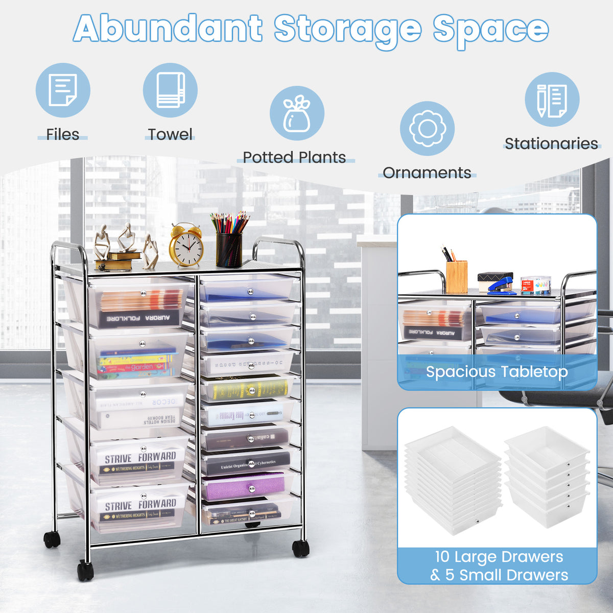 15-Drawer Rolling Utility Cart Storage, Transparent