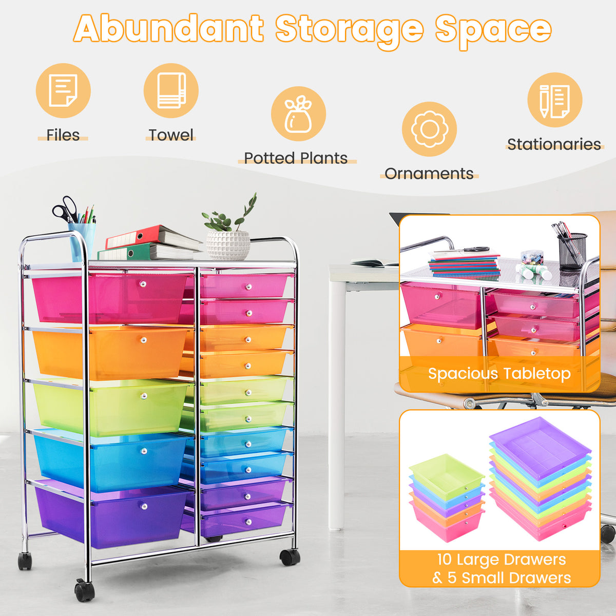 15-Drawer Rolling Utility Cart, Transparent Multicolor