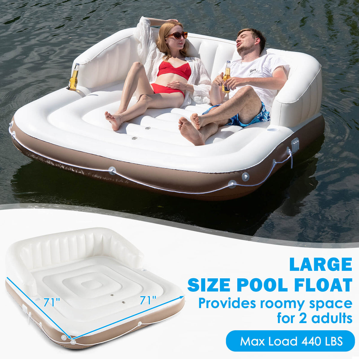 Inflatable Pool Float Lounge with Sunshade and Cup Holders - Swimming Raft
