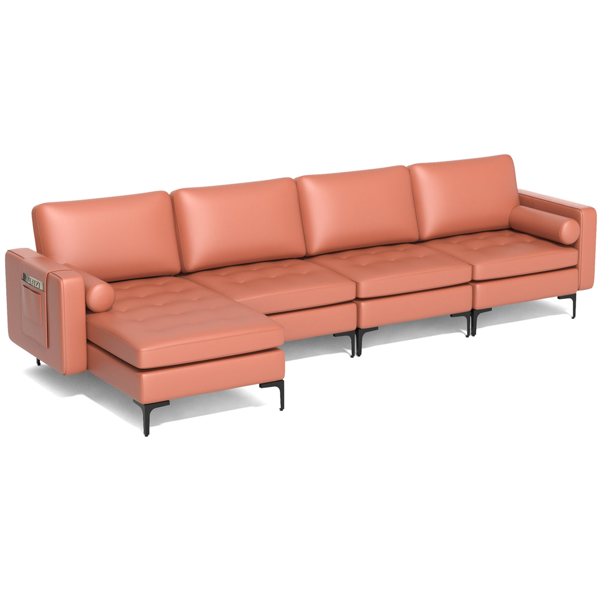L-Shaped 4-Seat Sectional Sofa with USB Charging, Pink