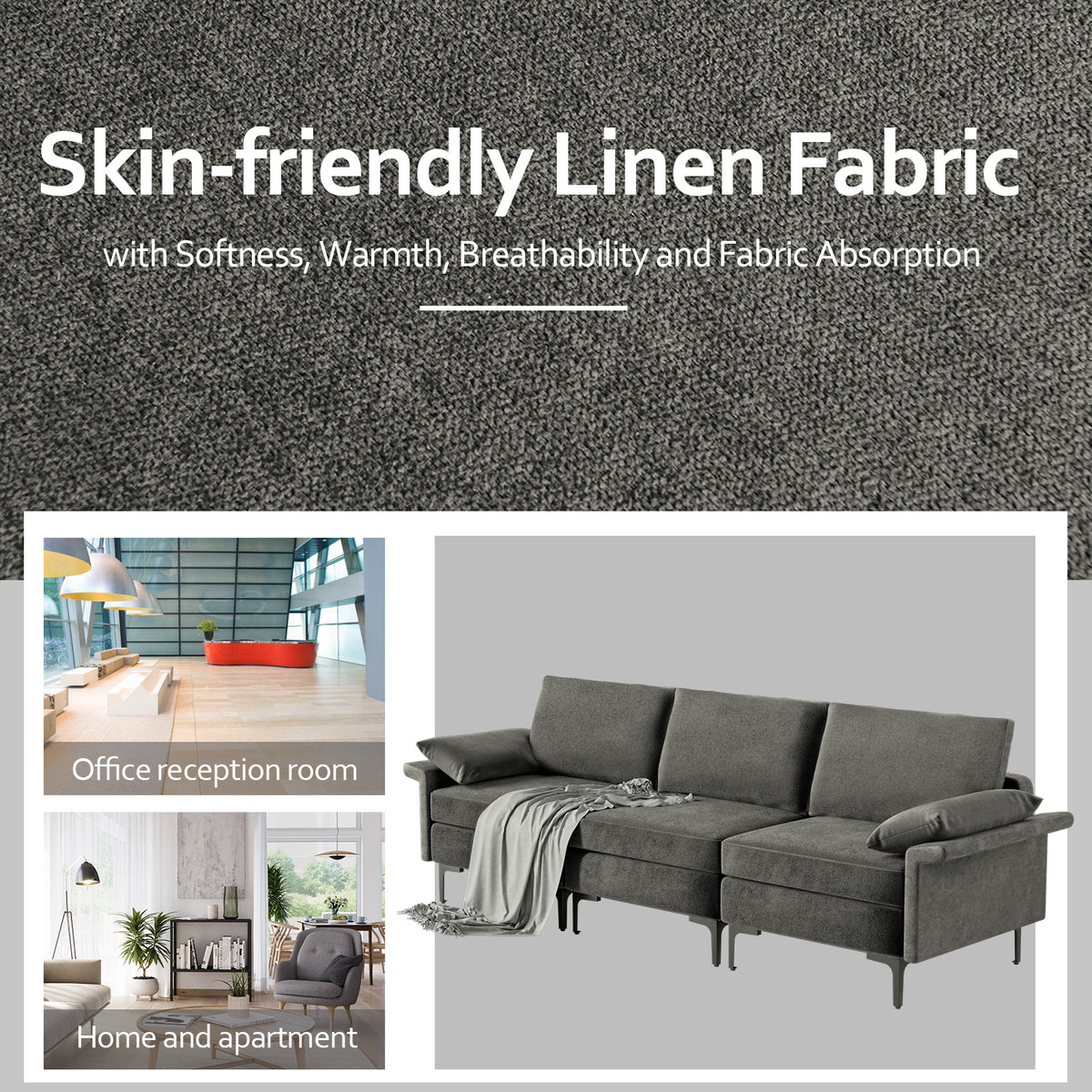 3-Seat Sofa with USB Ports and Metal Legs, Gray