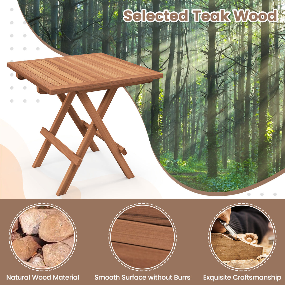 Square Teak Wood Folding Patio Table - Portable Picnic