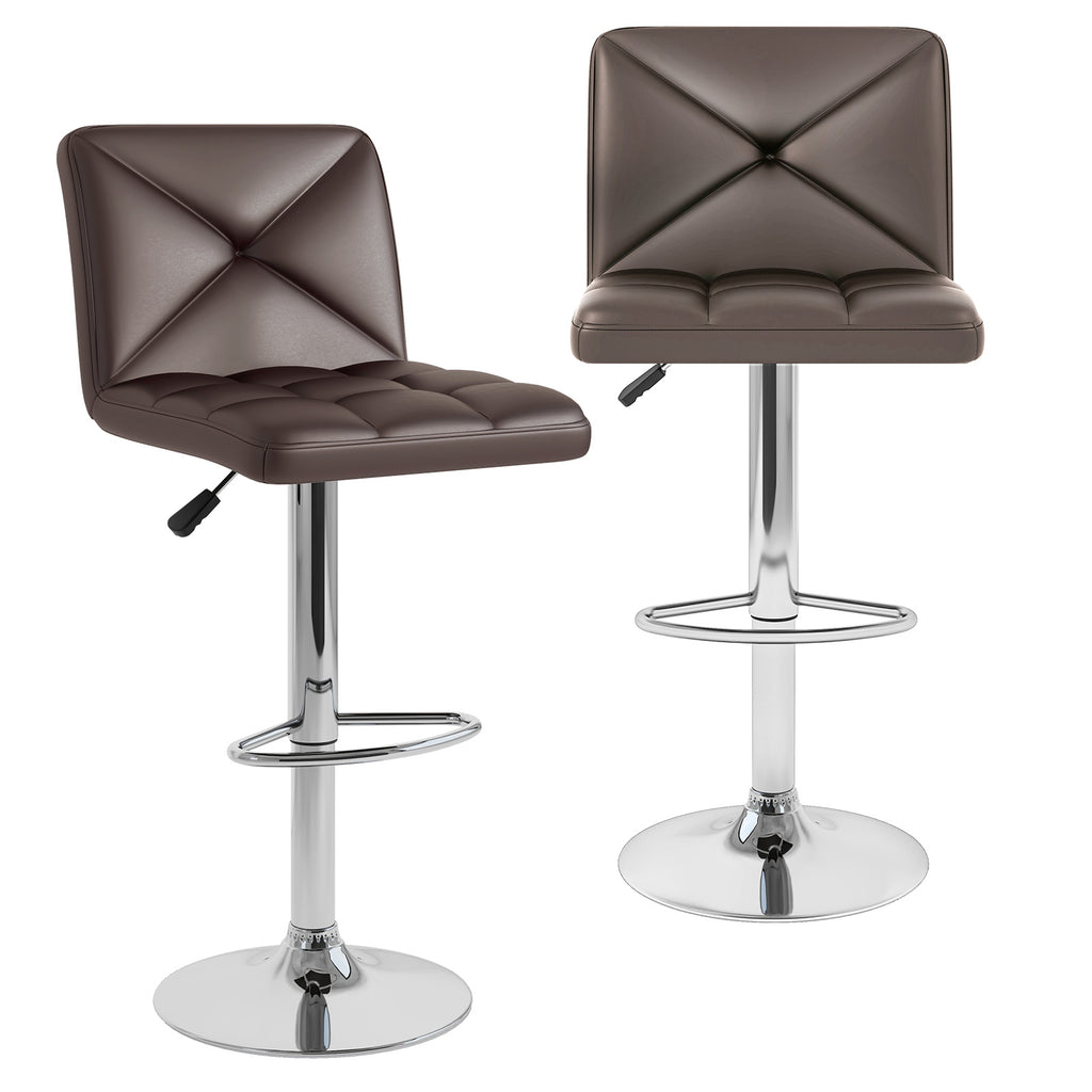 PU Leather Bar Stools Set of 2 with Back, Adjustable Height - Diamond Pattern, Brown