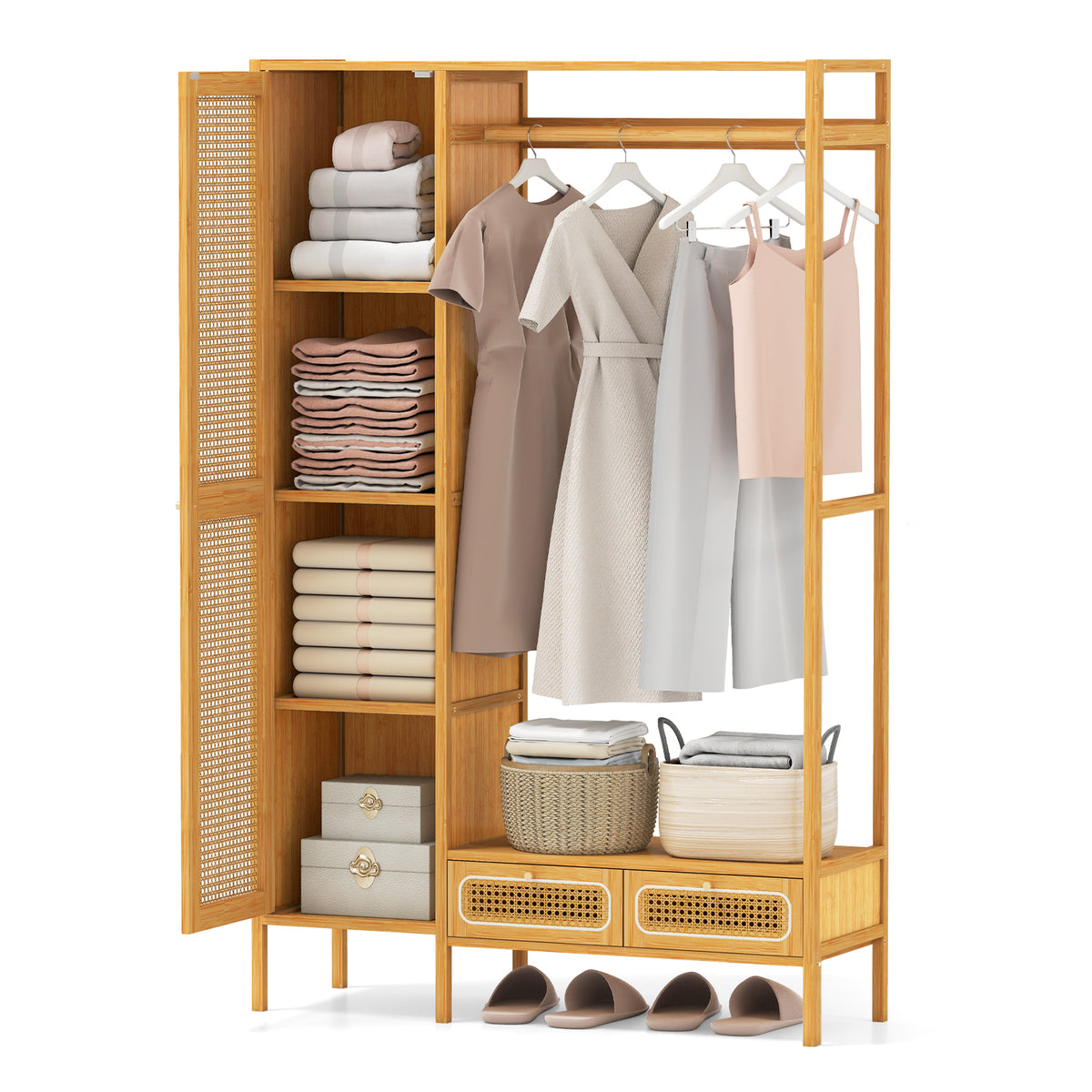 Bamboo Clothing Rack with Cabinet and Drawers - Natural