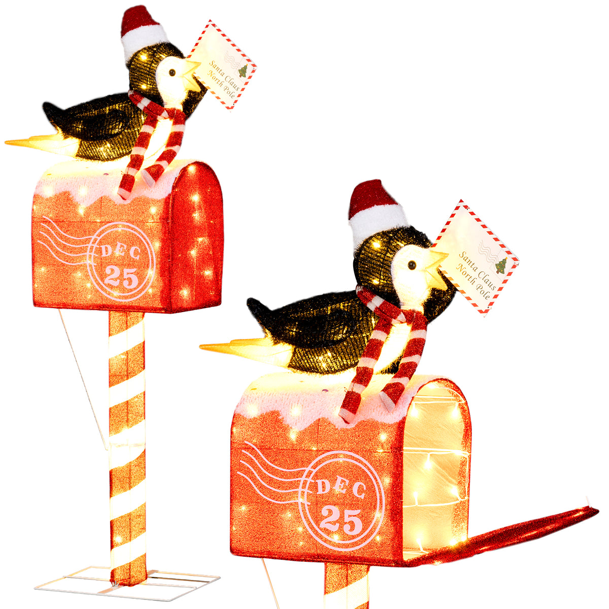 Christmas Lighted Penguin Mailbox Decoration - 4.8 FT Pre-lit Xmas Scene with 100 LED Warm White Lights - Penguin Mailbox Variation