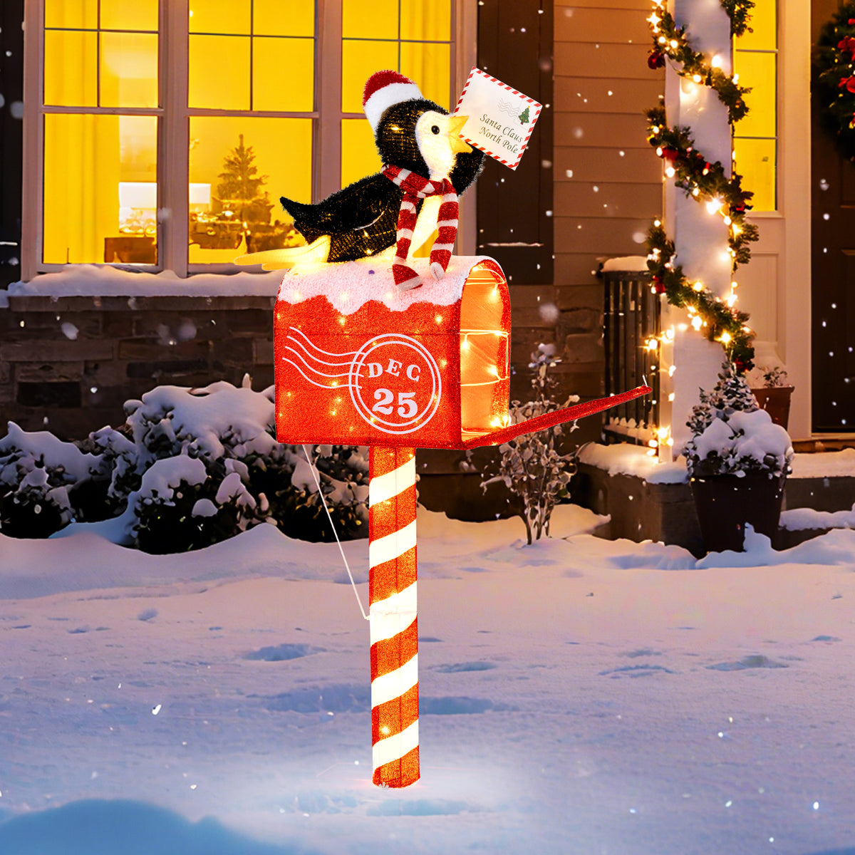 Christmas Lighted Penguin Mailbox Decoration - 4.8 FT Pre-lit Xmas Scene with 100 LED Warm White Lights - Penguin Mailbox Variation
