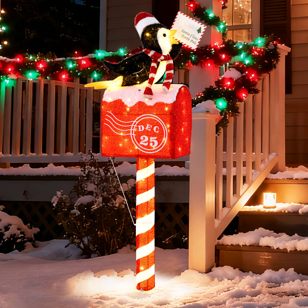 Christmas Lighted Penguin Mailbox Decoration - 4.8 FT Pre-lit Xmas Scene with 100 LED Warm White Lights - Penguin Mailbox Variation