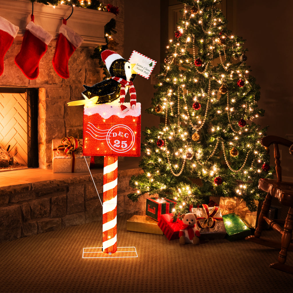 Christmas Lighted Penguin Mailbox Decoration - 4.8 FT Pre-lit Xmas Scene with 100 LED Warm White Lights - Penguin Mailbox Variation