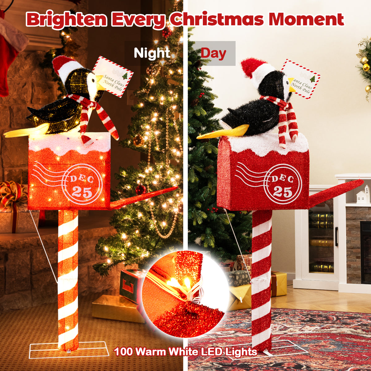 Christmas Lighted Penguin Mailbox Decoration - 4.8 FT Pre-lit Xmas Scene with 100 LED Warm White Lights - Penguin Mailbox Variation